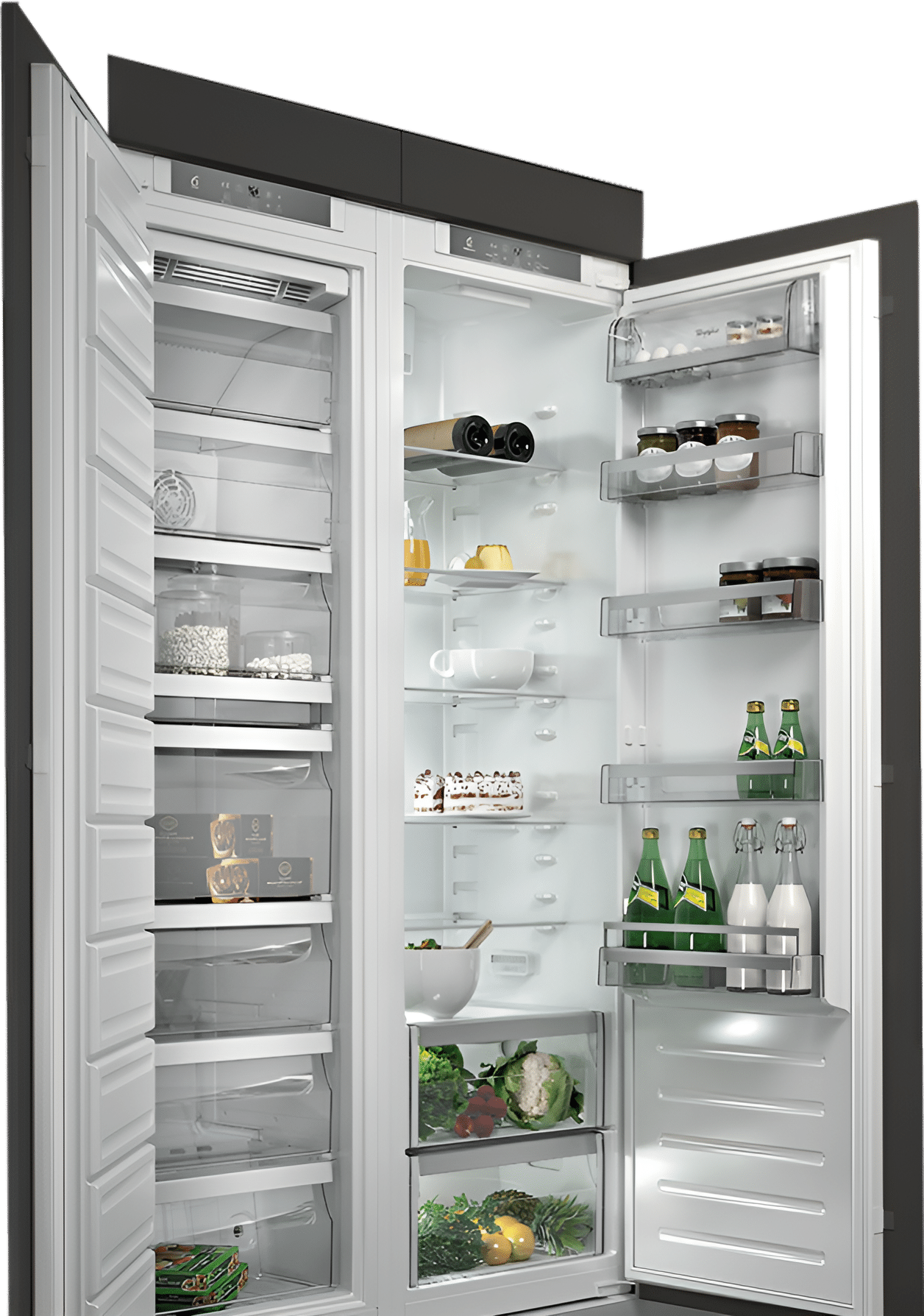 Built-in fridge and freezer showing shelves with food and drinks