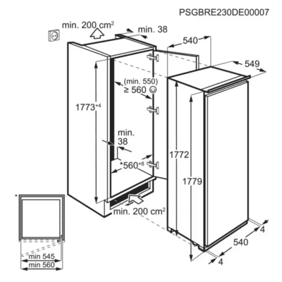 Electrolux KRS4DE18S Series 600 Built In Fridge - Dimensional Drawings