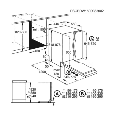 Electrolux Series 300 Built In Slim Dishwasher KEAD2100L - Dimensional Drawings