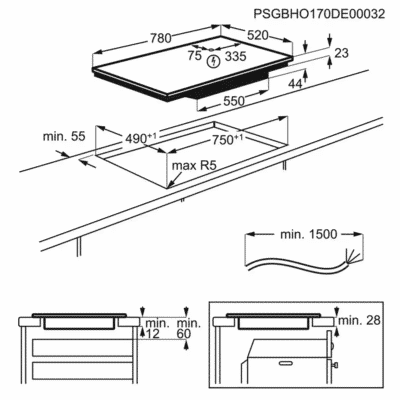 Electrolux Series 500 Induction Hob EIT81443 - Dimensional Drawings