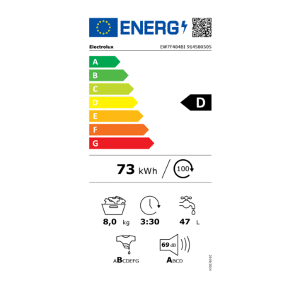 Electrolux Series 700 SteamCare Built In Washing Machine EW7F484BI energy label
