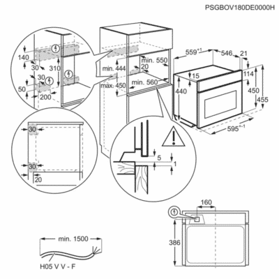 Electrolux SteamBoost Series 800 Built In Combi Compact Oven KVBAS21WX - Dimensional Drawings