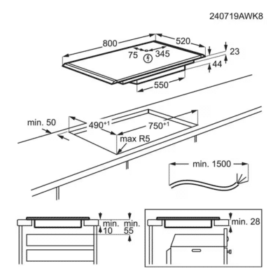 AEG Series 6000 MultipleBridge Induction Hob NIK85M00AZ - Dimensional Drawings