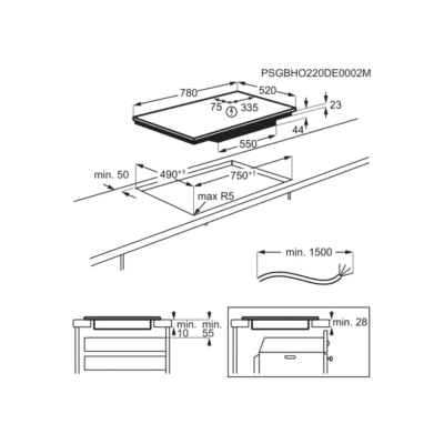AEG Series 6000 MultipleBridge Induction Hob NIO84B00FB - Dimensional Drawings