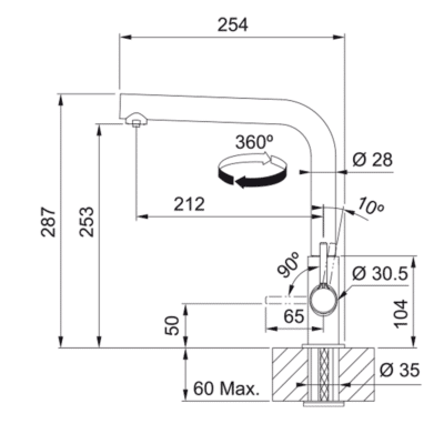 Franke Lina 2.0 L 3 Way Kitchen Mixer 120.0730.779 - Dimensional Drawings