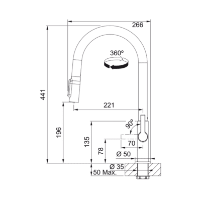 Franke Maris Slim Clear WaterJ Pull Out 3 Way Kitchen Mixer 120.0730.870 - Dimensional Drawings