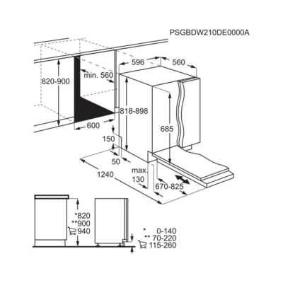 AEG GlassCare Series 7000 Built In Dishwasher FSK76738P - Dimensional Drawings