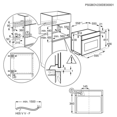 AEG MealAssist Series 8000 Built In Compact Oven NKP8S721B - Dimensional Drawings