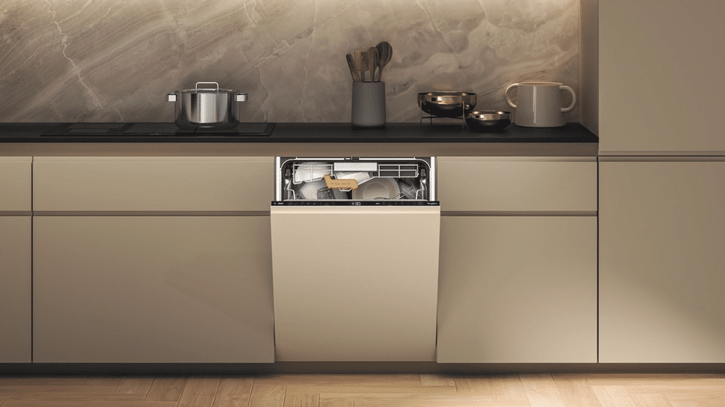Whirlpool built-in dishwasher integrated into kitchen cabinetry