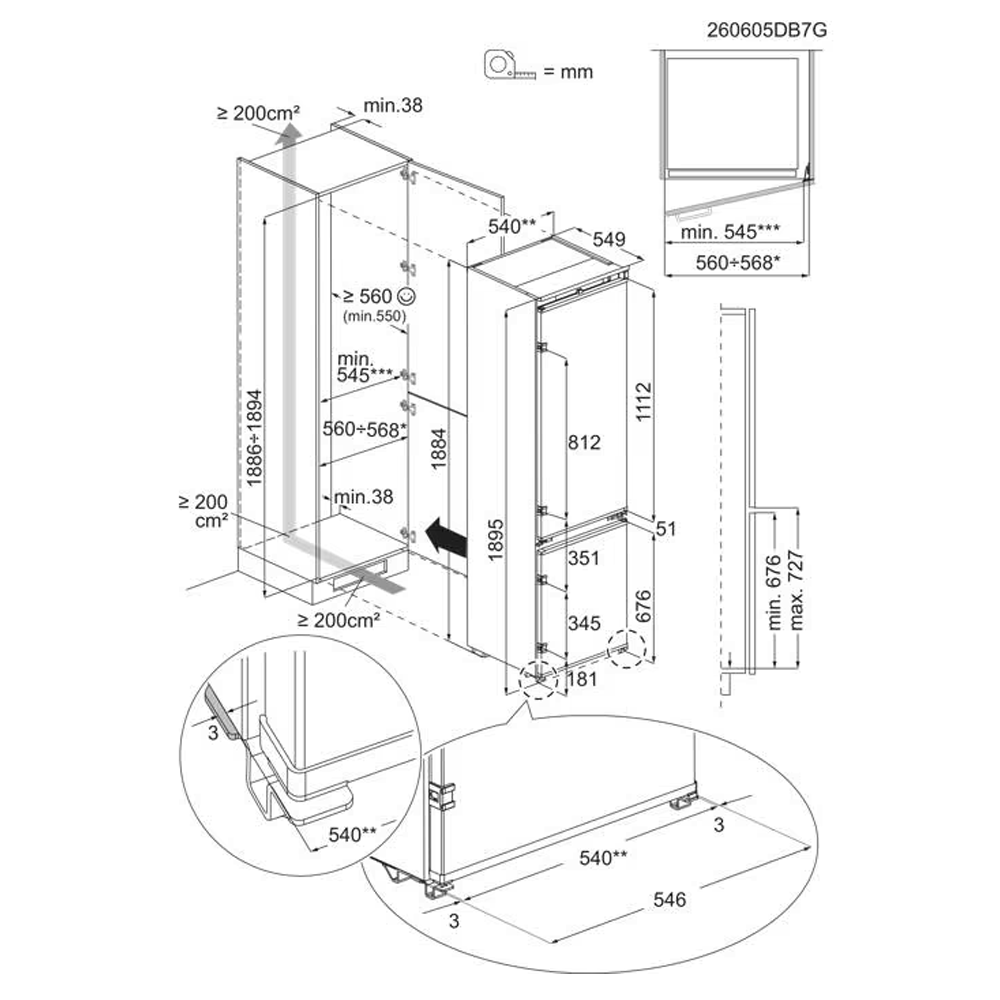 Electrolux AI CoolAssist® Series 700 Built In Fridge Freezer KNA7CE19S - Dimensional Drawings Electrolux AI CoolAssist® Series 700 Built In Fridge Freezer KNA7CE19S - Dimensional Drawings