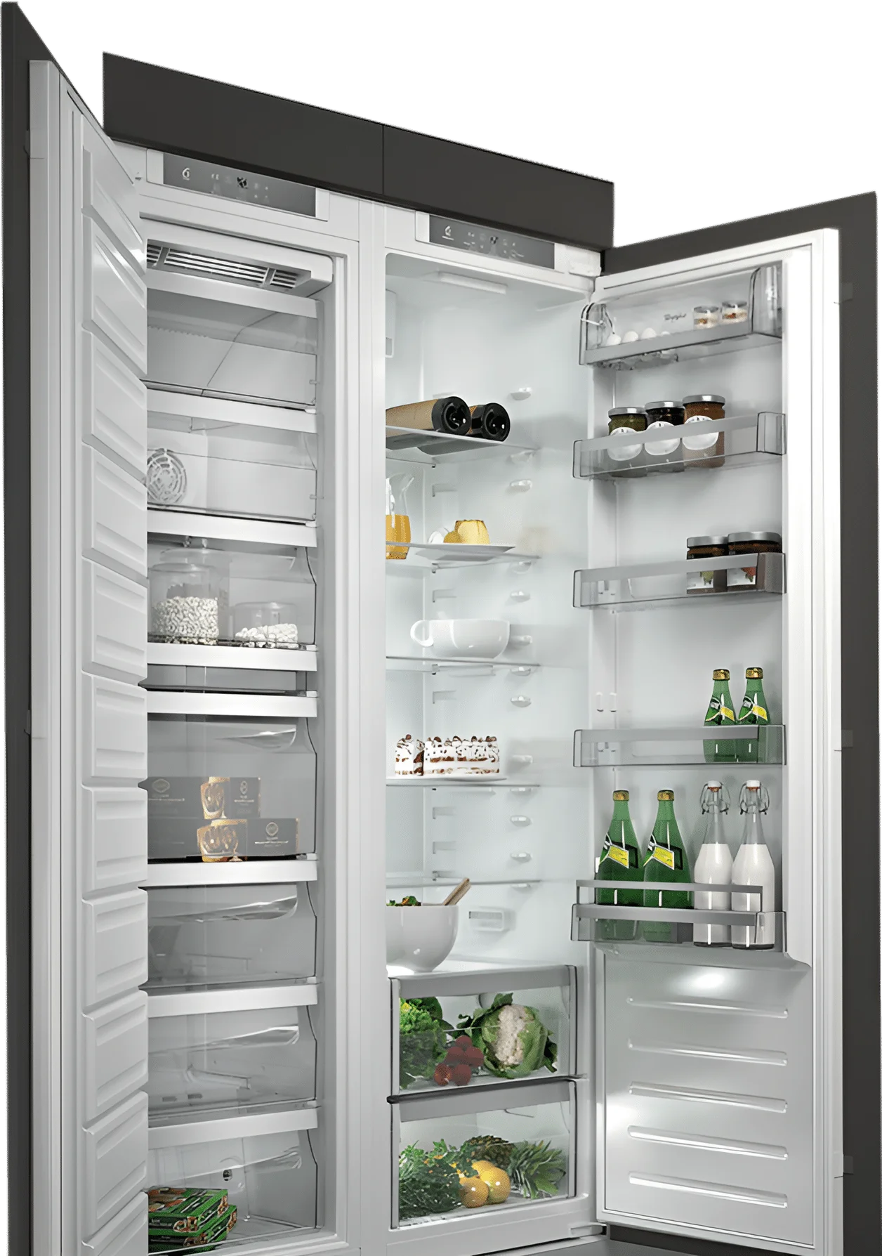 Built-in fridge and freezer showing shelves with food and drinks