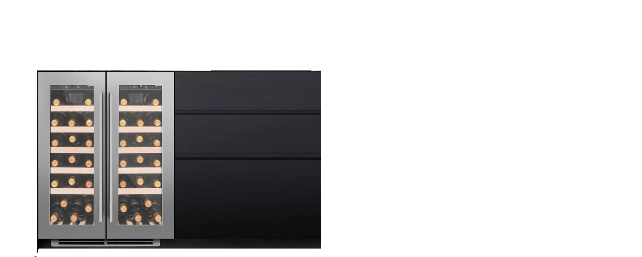 Integrated built-in wine cooler filled with wine bottles